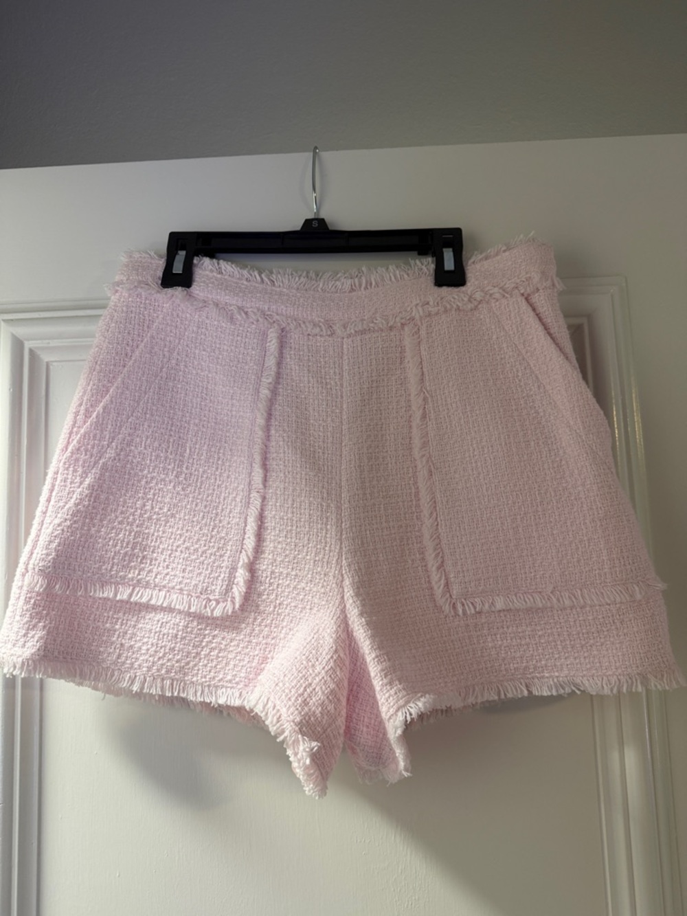 cinq a sept Pale Pink High-Waist Fringe Pocket Shorts